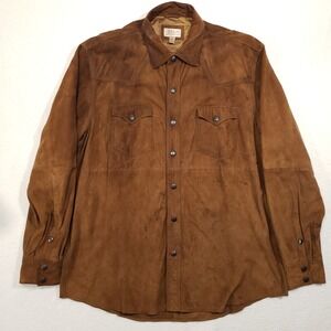 Ryan Michael Leather Western Shirt Mens Large Brown Suede Star Snap Distressed